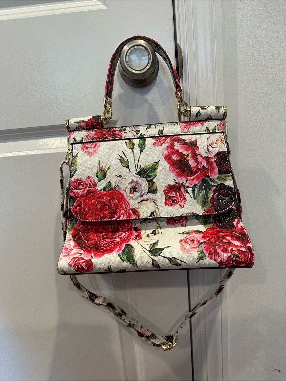 Floral Print Top-Handle Satchel Bag - White with Red Roses
